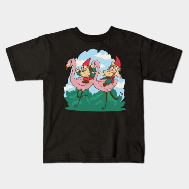 Garden Gnomes Racing Flamingos Kids T-Shirt by Cosmo Gazoo